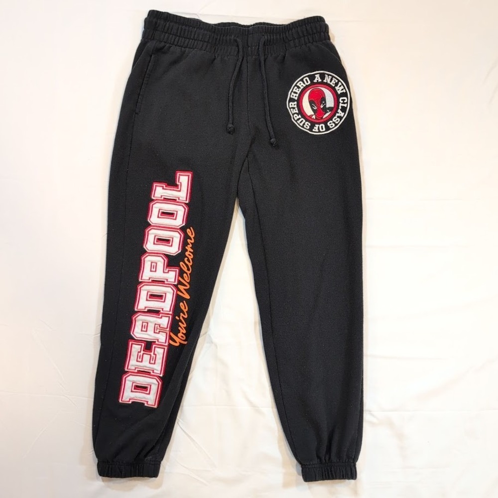 Marvel Deadpool Jogger Sweatpants Black Mens Small S 4/6 Embroidered Graphic